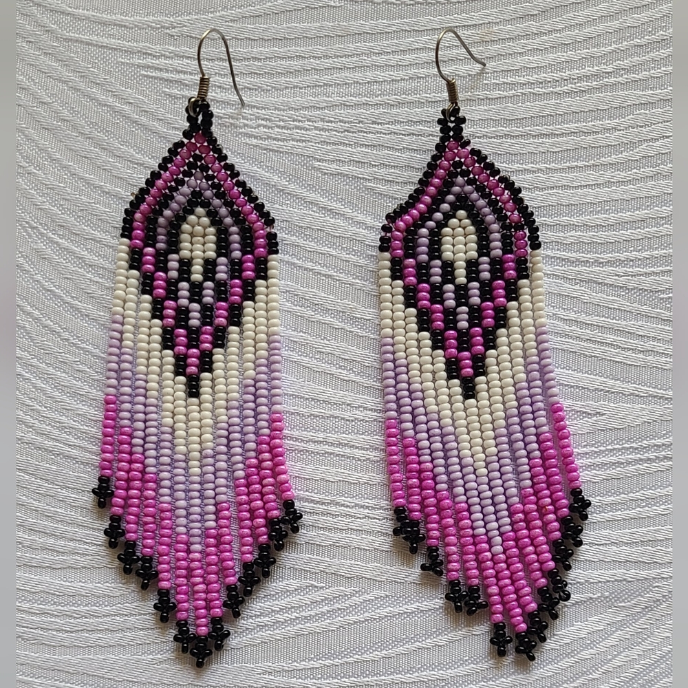 Handmade Huichol Beaded Pink and Black Earrings